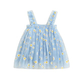 Girls Tulle Tutu Dress with Daisies - Sky Blue.